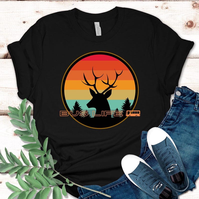 Bus Life with deer in retro sunset unisex t-shirt