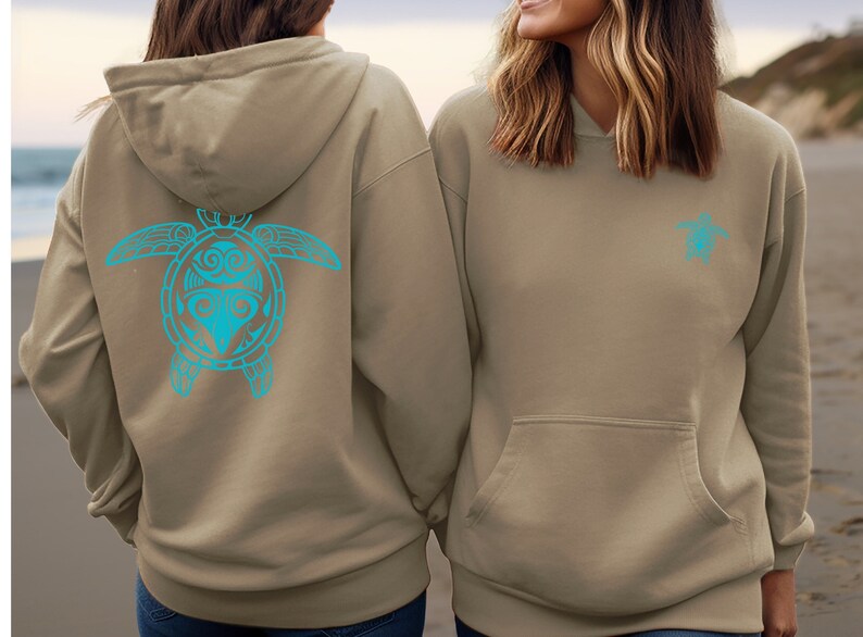 Sea Turtle Hoodie, Tribal turtle turquoise design on front and back of hoodie.