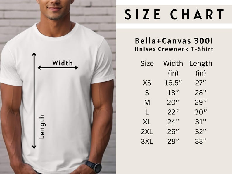 Puede incluir: Una camiseta unisex de cuello redondo blanca Bella+Canvas 3001 con una tabla de tallas. La tabla enumera las tallas XS a 3XL, con las medidas de ancho y largo en pulgadas. La imagen tambi&eacute;n muestra a una persona usando la camiseta.