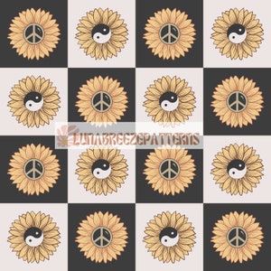Checkered sunflowers seamless repeat pattern