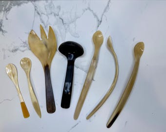Collection of vintage natural horn utensils 7 pieces included small ladle, salad server, 3 long-handled spoons, 2 small spoons. See all info