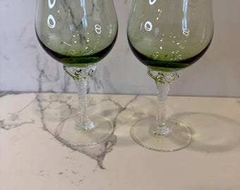 Pair of 2 vintage Green Statford hand-blown twisted stem wine glasses stemware green tinted balloon bowl