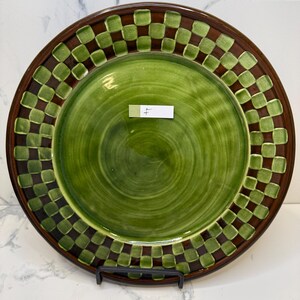 CHOICE of Vintage 1983 collectable MACKENZIE -CHILDS Wittika Pickles heavy lg redware dinner plates in brown/green checkered pattern see all F