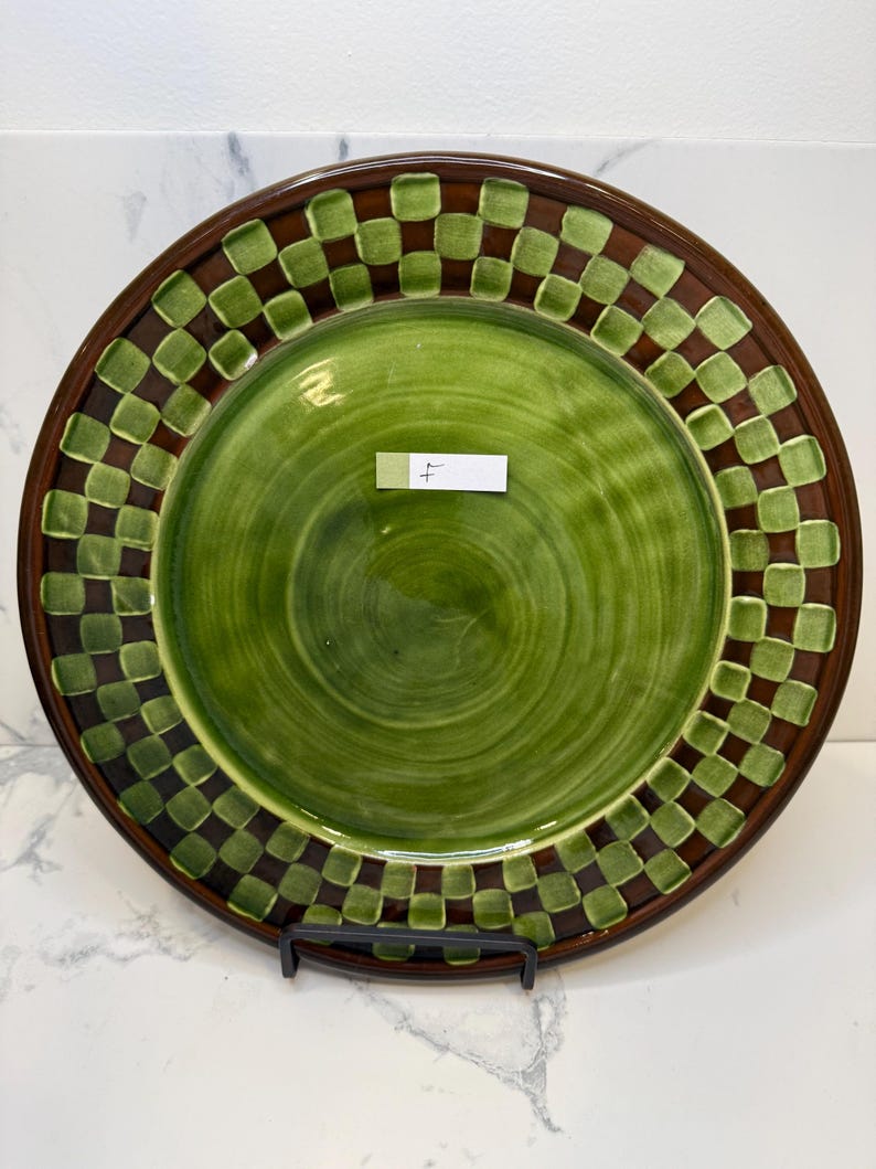 CHOICE of Vintage 1983 collectable MACKENZIE -CHILDS Wittika Pickles heavy lg redware dinner plates in brown/green checkered pattern see all F
