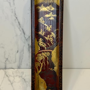 Vintage Japanese Lacquerware Fubako hand-painted box with mountain &  tree landscape design in crimson and gold. Original key. See all info