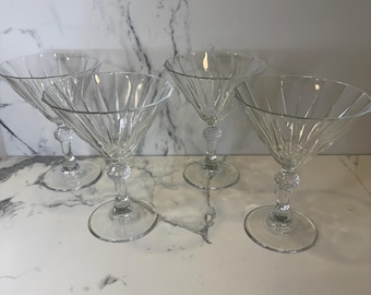 Set of 4 Diamond Martini Glasses with faceted bowl and diamond cut decorative ball on stem.