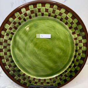 CHOICE of Vintage 1983 collectable MACKENZIE -CHILDS Wittika Pickles heavy lg redware dinner plates in brown/green checkered pattern see all D