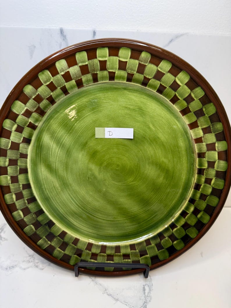 CHOICE of Vintage 1983 collectable MACKENZIE -CHILDS Wittika Pickles heavy lg redware dinner plates in brown/green checkered pattern see all D