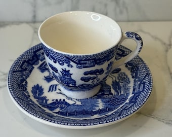Vintage Blue Willow Footed Demitasse Cup & Saucer. Gorgeous intricate designs/ landscapes. Pieces display crazing enhancing beauty. See all