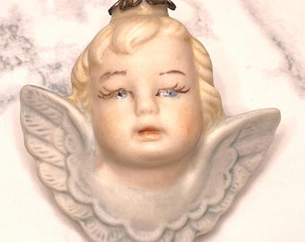 Vintage Porcelain Angel Bust Ornament: Hand-Painted Face, Gold Crown