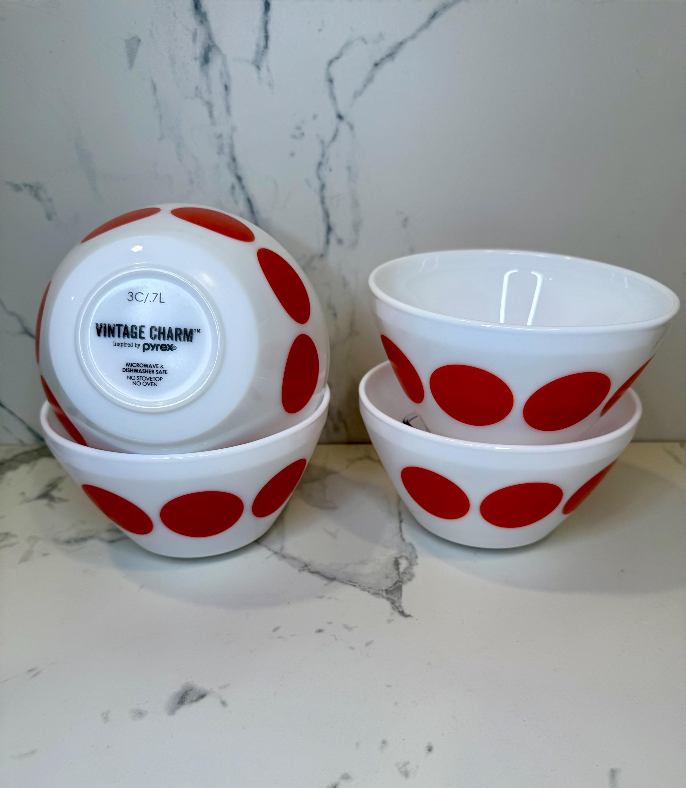 Vintage Pyrex Inspired Bowls: Red Circle Pattern, Set of 4 - Etsy