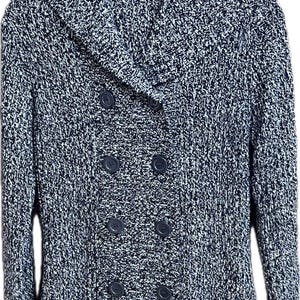 May include: A black and white knit sweater with a double-breasted button closure. The sweater has a shawl collar and is hanging on a clear plastic hanger. The size tag reads XL.