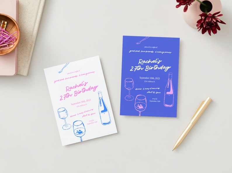 May include: Two invitations for Rachel's 27th birthday party. The invitations are printed on white and blue cardstock. The text on the invitations is in pink and blue. The invitations feature a wine bottle and glasses.