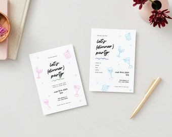 INVITO A UNA FESTA A CENA / Invito a una festa a cena disegnato a mano, colorato, estetico, Invito a una festa di compleanno, Download di stampa digitale personalizzabile
