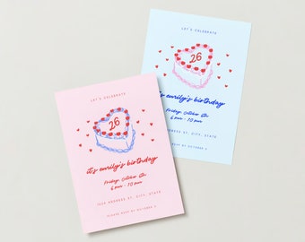 BIRTHDAY CAKE INVITE | Hand-drawn Colorful Retro Birthday Invitation, Dinner Party Invite, Printable, Customizable Instant Digital Download