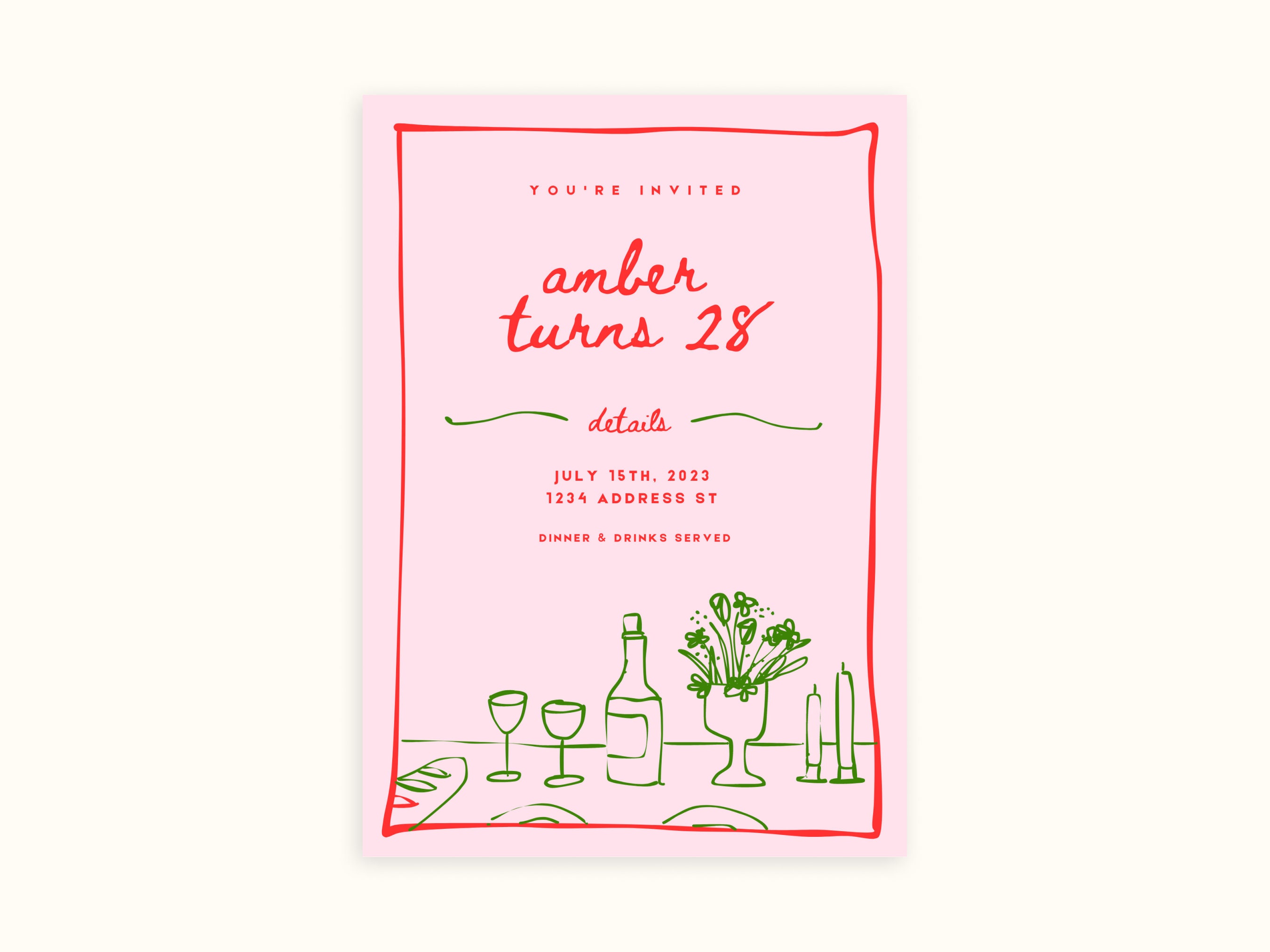 Hand-drawn, Colorful, Retro Aesthetic Birthday Dinner Invitation