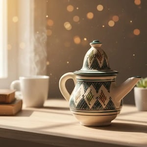 Pode incluir: Uma chaleira de cerâmica creme com tampa decorativa, com um padrão geométrico em verde, vermelho e amarelo. Uma caneca branca e livros ao fundo. Vapor subindo da chaleira, sugerindo uma bebida quente.