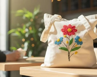 Floral Embroidered Canvas Tote Bag - Handmade Eco-Friendly Shopping Bag