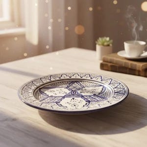Puede incluir: Plato decorativo de cerámica con diseño floral azul y blanco. El plato tiene un patrón detallado en el borde y un motivo central. Está sobre una mesa de madera clara. Diámetro aproximado de 25-30 cm.