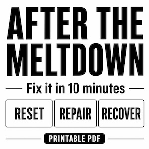 Op de afbeelding: Zwart-witte afbeelding met de tekst "AFTER THE MELTDOWN" in vette letters. Daaronder staat "Fix it in 10 minutes". Drie rechthoekige knoppen tonen "RESET", "REPAIR" en "RECOVER". De onderkant leest "PRINTABLE PDF".