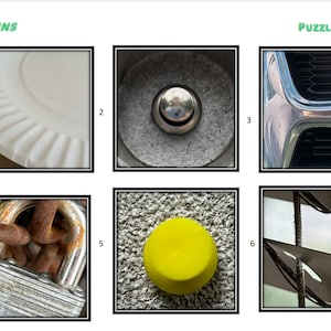 May include: A close-up of six different images, each showing a different texture. The images are numbered 1 through 6. The images show a white paper plate, a metal drain cover, a chrome car grill, a rusty chain and padlock, a yellow circle on a gray surface, and a close-up of a window blind.