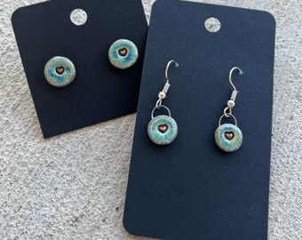 I Handmade Minimalist Ceramic Earrings with a Heart Stamp - Choice of Stud or Dangle Style