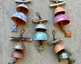 I Handmade Ceramic Mini Wind Chimes - Pottery Bells, Clay Beads, Branches on Nylon Cord