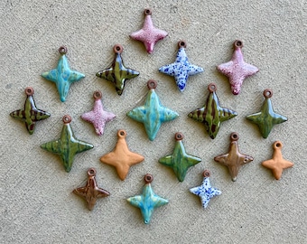 I Handmade Ceramic 4 Pointed Star Charms - Pottery Components, Ornaments, Jewelry or Craft Supplies