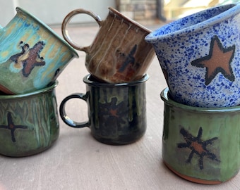 I Handmade Ceramic Mugs in Assorted Colors Celestial Stars Flowers and Mushroom Themes