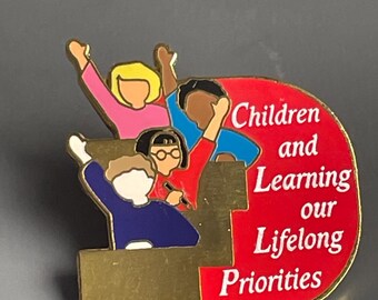 Vintage The Education People Metal and Enamel Teacher Lanyard Pin Children and Learning our Lifelong Priorities Pin