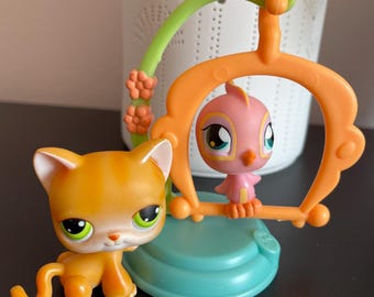 Authentic 2004 Hasbro  Littlest Petshop Orange Cat and Pink Bird on Swing set