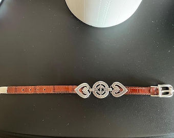 Rare Retired Brighton Fleur De Lis and Double Hearts Silver Plated Brown Leather Buckle Bracelet