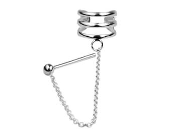 925 Sterling Silver Three Bands Ear Cuff with Chain