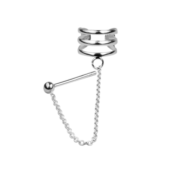 925 Sterling Silver Three Bands Ear Cuff with Chain