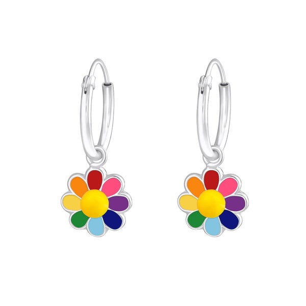 925 Sterling Silver Dangle Colorful Flower Hoop Earrings