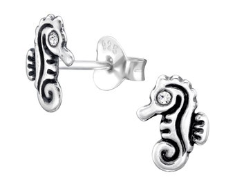 925 Sterling Silver Seahorse Stud Earrings with Crystals