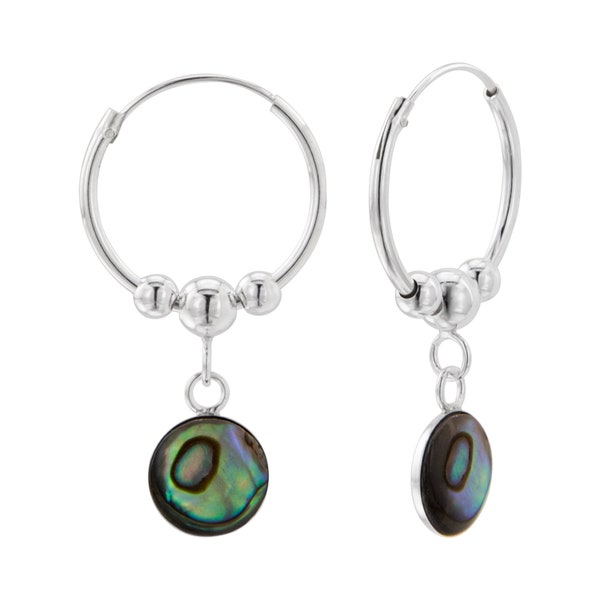 Round Abalone Charm 925 Silver Hoop Earrings