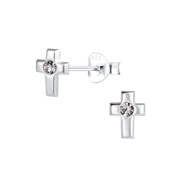 925 Sterling Silver Cross Stud Earrings with Black Diamond Crystal