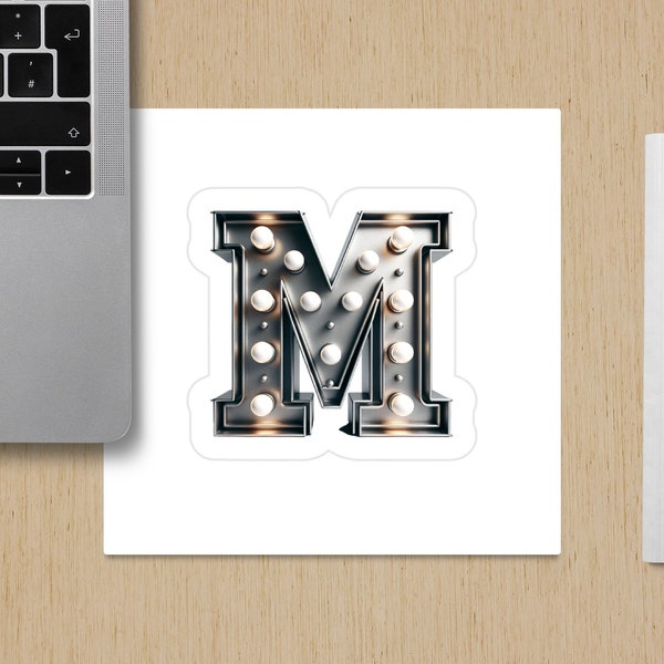 Vintage Marquee Letter M Sticker, Industrial Chic Alphabet Decal, Retro Light Bulb Monogram Adhesive, Customizable Laptop Decoration