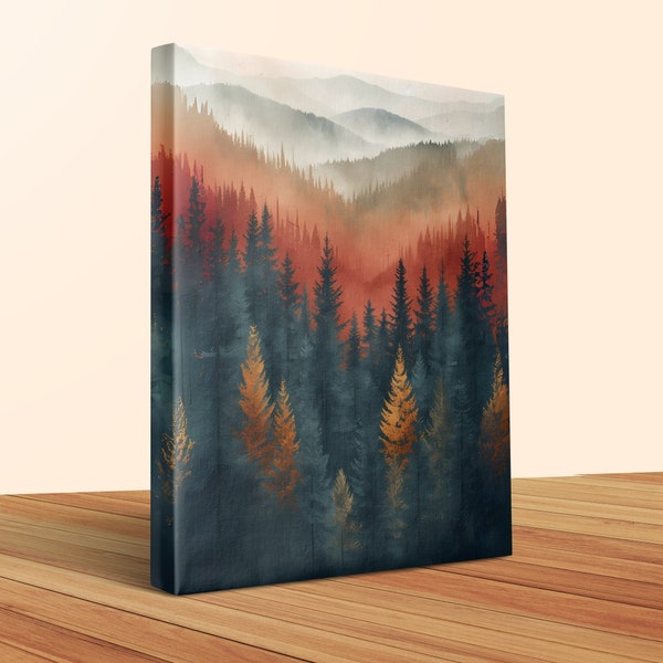 Rustic Forest Sunrise Canvas Art, Woodland Scenery Wall Decor, Autumn Trees Landscape, Nature Inspired Home Decor, Large Wall Art