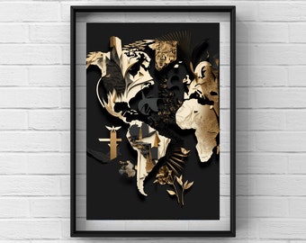 Black World Map, Artistic Collage, large size, to decorate your home. Aesthetic collage art composition.