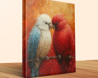 Colorful Lovebirds Canvas Art, Romantic Birds Wall Decor, Vibrant Parrot Painting, Large Wall Art, Modern Home Decor, Gift for Bird Lovers