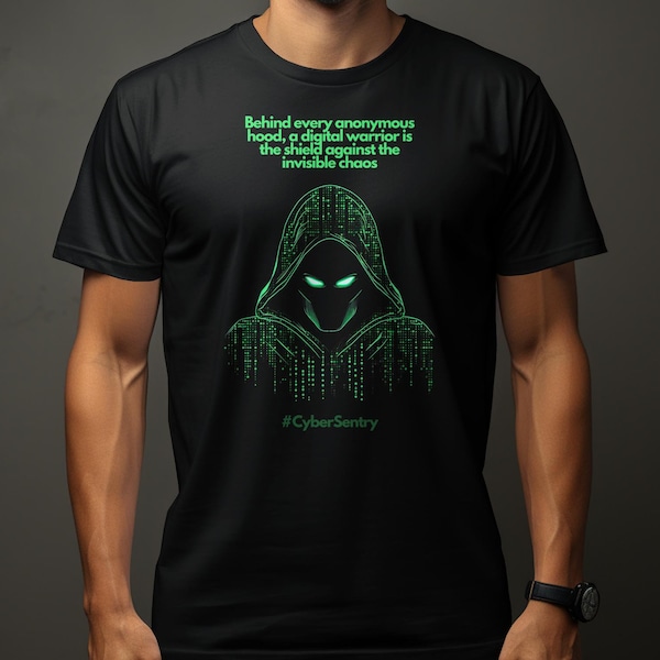 Cybersecurity Sentry Warrior T-Shirt, Digital Guardian Geek Apparel, Anonymous Hooded Figure Tee, Cybersecurity Gift for Tech Lovers