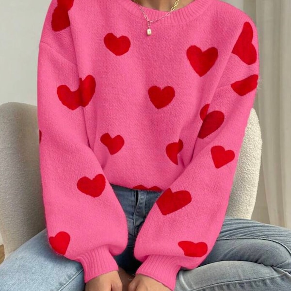 Cozy Pink Heart Printed Sweater for Women - In Hot Pink