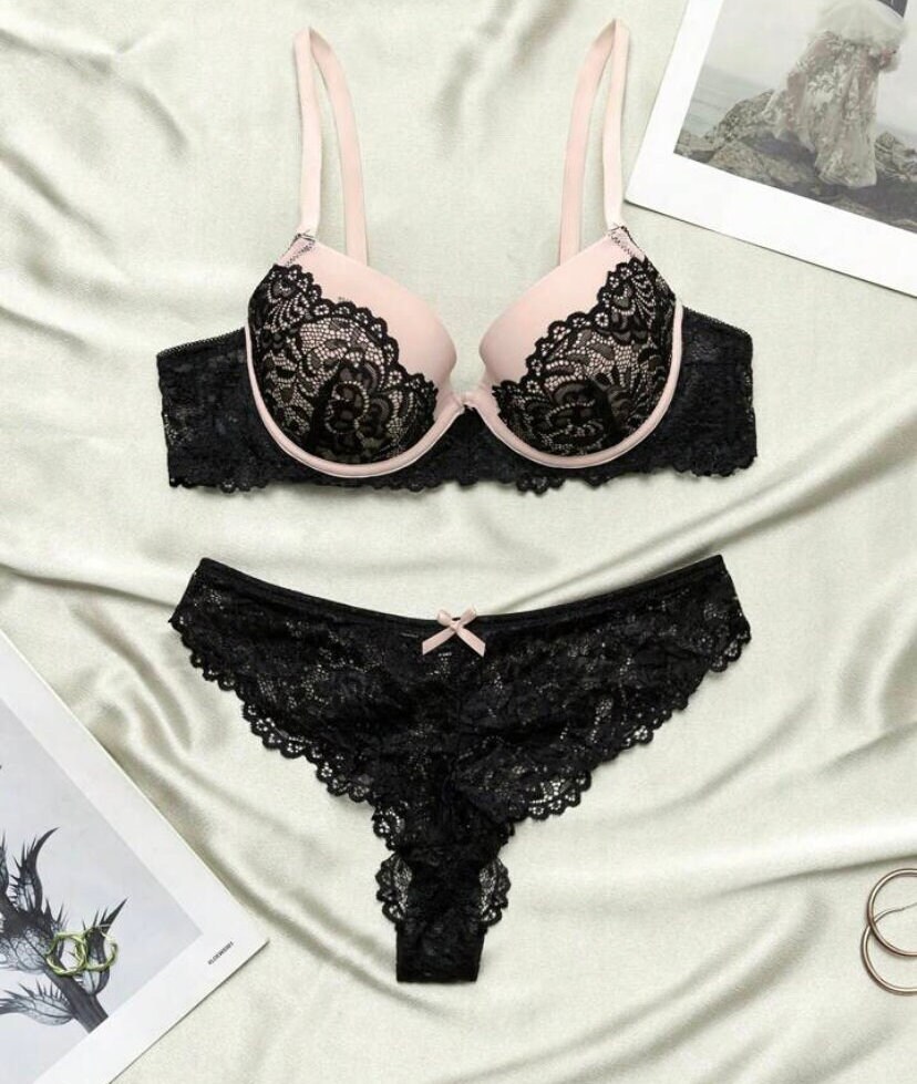 Back Closure Lady Lace Embroidery Bra Panty Set Bridal Honeymoon Push Up Bra  - Pink, 80B 