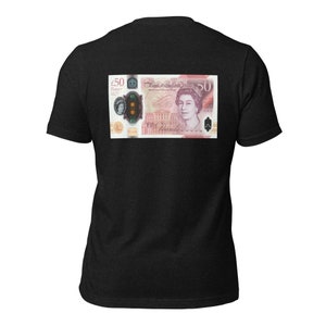 May include: Black t-shirt with a printed image of a £50 banknote featuring Queen Elizabeth II. The banknote is pink, purple, and blue with the text "Bank of England" and "Fifty Pounds".