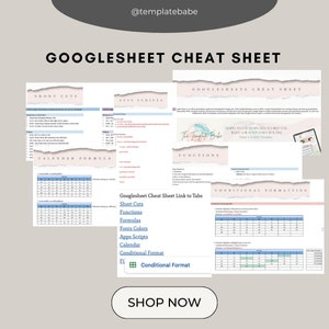 Op de afbeelding: Een downloadbare cheat sheet voor Google Sheets met tabbladen voor sneltoetsen, functies, formules, lettertypen, kleuren, app-scripts, kalender en voorwaardelijke opmaak. De cheat sheet is ontworpen om je te helpen een dagelijkse routine te creëren.