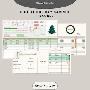 May include: A digital printable holiday savings tracker with a green and white Christmas tree design. The tracker includes a gift budget, a savings tracker, and a gift list. The tracker is designed to help you save money for the holidays.