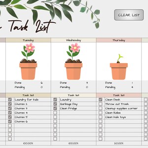 May include: A weekly task list planner with a light gray background and a floral design at the top. The planner is divided into seven columns for each day of the week, with a section for tasks and a progress bar at the bottom of each column. The planner has a "CLEAR LIST" button at the top.