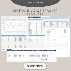 May include: Digital invoice tracker template with a light blue and white design. The template includes sections for invoice amounts, monthly charts, and client details. The text "SHOP NOW" is at the bottom.